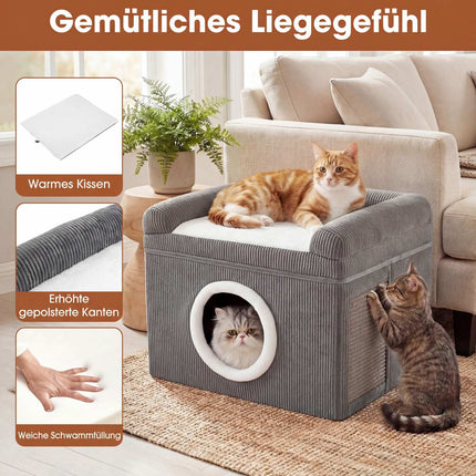 Faltbares Katzenhaus mit Sisalmatte & weichem Kissen, Grau