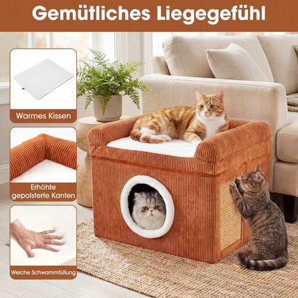Zusammenklappbares Katzenhaus mit Sisal-Kratzmatte & Kissen, Braun