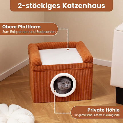 Zusammenklappbares Katzenhaus mit Sisal-Kratzmatte & Kissen, Braun