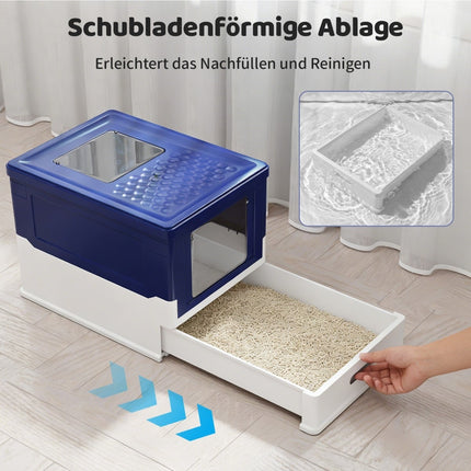 Faltbares Katzenklo mit Deckel und ausziehbarer Schublade, Blau