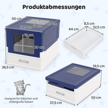 Faltbares Katzenklo mit Deckel und ausziehbarer Schublade, Blau