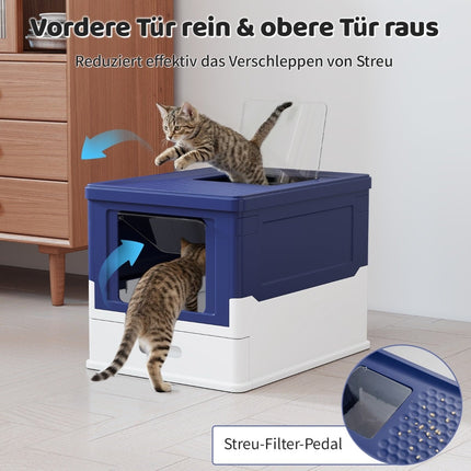 Faltbares Katzenklo mit Deckel und ausziehbarer Schublade, Blau