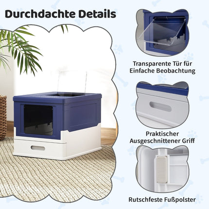 Faltbares Katzenklo mit Deckel und ausziehbarer Schublade, Blau