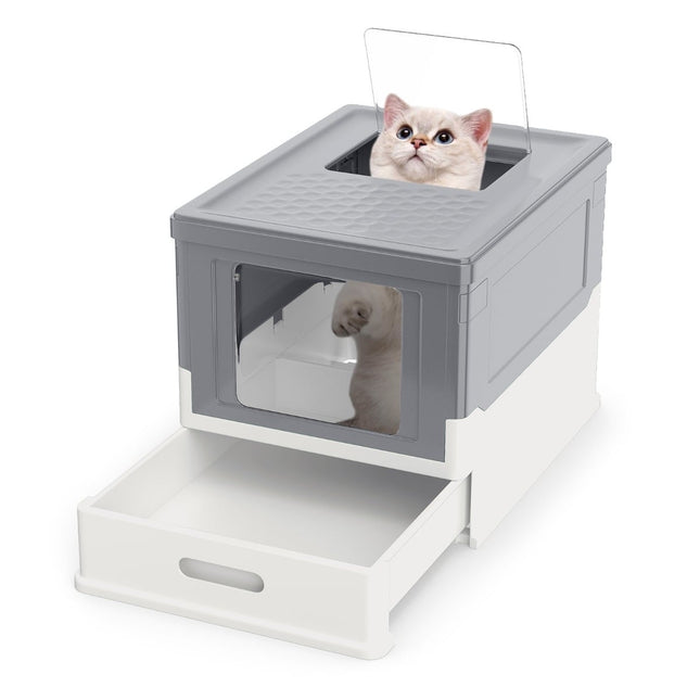 Foldable Cat Litter Box with Lid & Pull-Out Tray, Gray