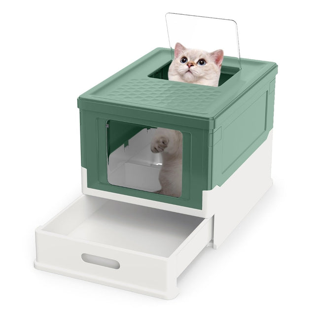 Foldable Cat Litter Box with Lid & Pull-Out Tray, Green