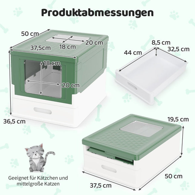 Foldable Cat Litter Box with Lid & Pull-Out Tray, Green