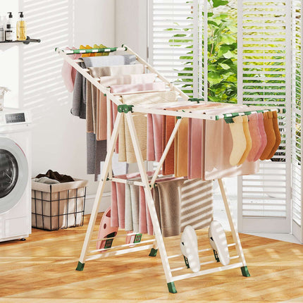 Foldable Clothes Drying Rack with Adjustable Wings, Beige
