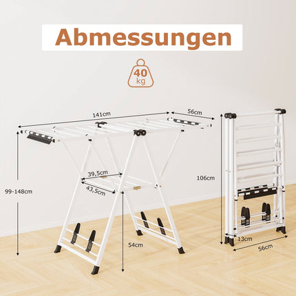 Foldable Clothes Drying Rack with Adjustable Wings, White