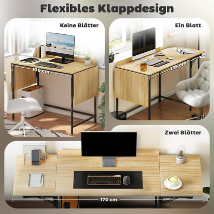 Klappbarer Computertisch mit 2 ausziehbaren Platten, Eiche/Schwarz