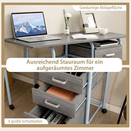 Klappbarer Computertisch mit 3 Schubladen und Rollen, Grau