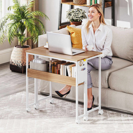 Foldable Desk with Open Shelf, Natural Wood Finish