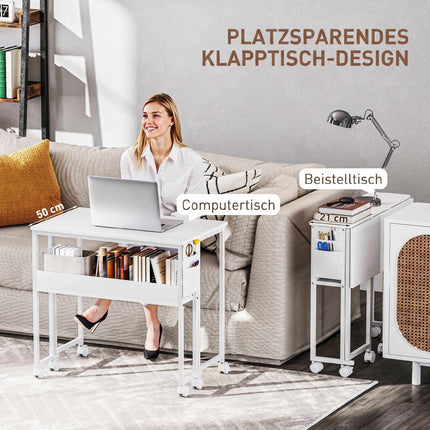 Foldable Desk with Shelf, White, 50-21 cm Depth