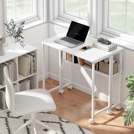 Foldable Desk with Shelf, White, 50-21 cm Depth