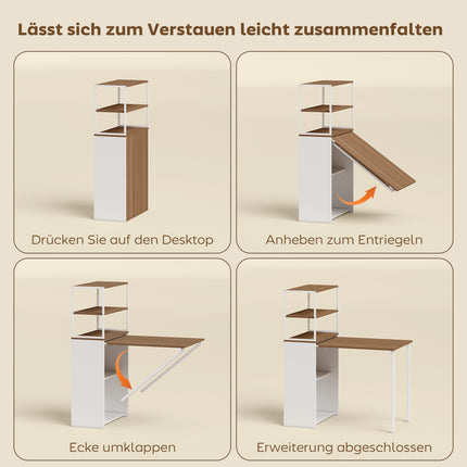 Klappbarer Schreibtisch mit Regalen, 105x60x127 cm, Naturholz