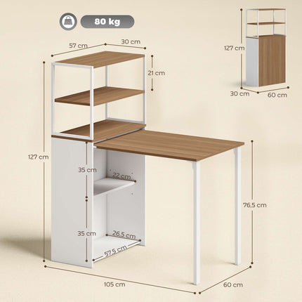 Klappbarer Schreibtisch mit Regalen, 105x60x127 cm, Naturholz