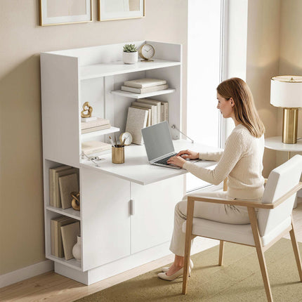 Klappbarer Schreibtisch mit Regalen und Schrank, 128 cm, Weiß