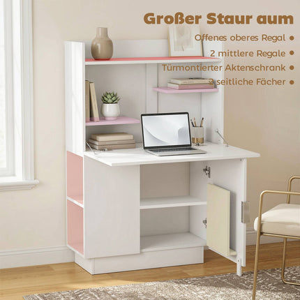 Klappbarer Schreibtisch mit Regalen und Schrank, 128 cm, Weiß