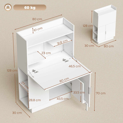 Klappbarer Schreibtisch mit Regalen und Schrank, 128 cm, Weiß