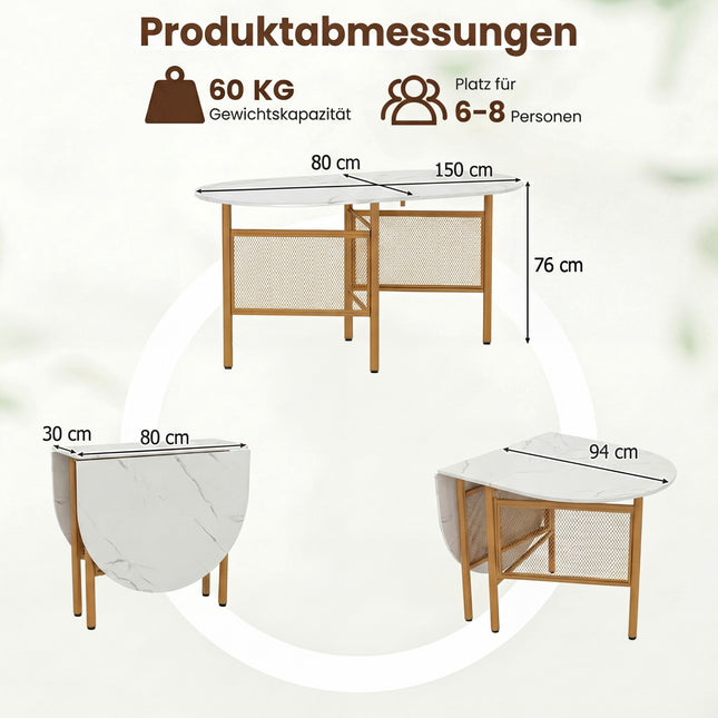 Ausziehbarer Esstisch für 6-8 Personen, platzsparend, Weiß/Gold