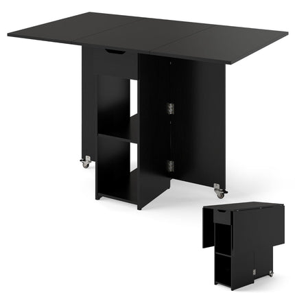 Foldable Dining Table with Wheels, Shelves & Drawer