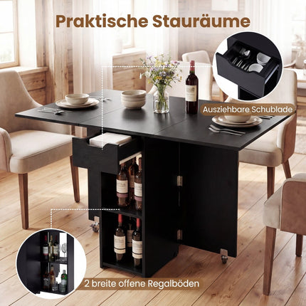 Foldable Dining Table with Wheels, Shelves & Drawer