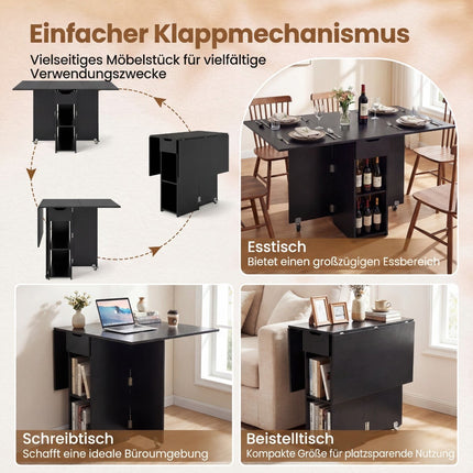 Foldable Dining Table with Wheels, Shelves & Drawer
