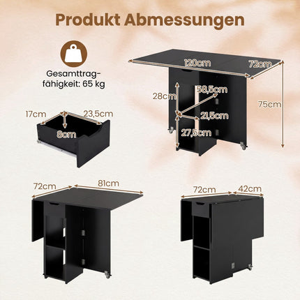 Foldable Dining Table with Wheels, Shelves & Drawer