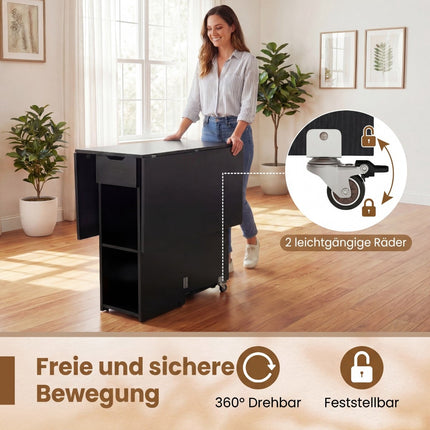 Foldable Dining Table with Wheels, Shelves & Drawer