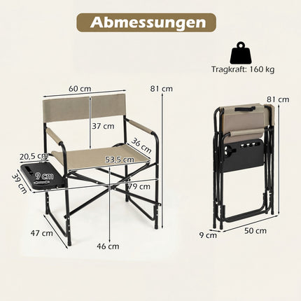 Faltbarer Regiestuhl mit Beistelltisch, 150 kg