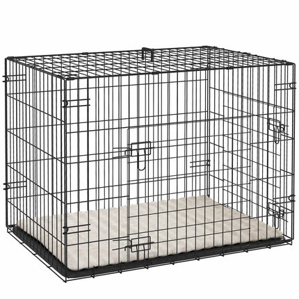 Zusammenklappbare Hundebox mit 2 Türen, Tablett, Kissen, Schwarz
