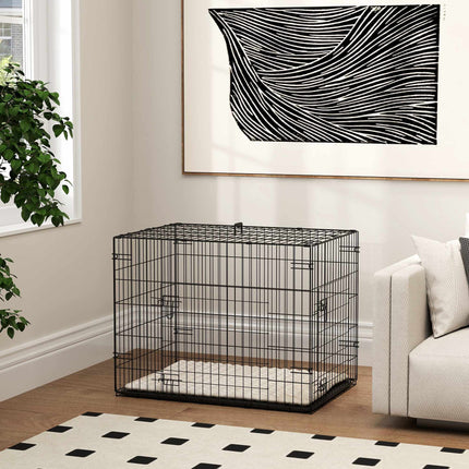 Zusammenklappbare Hundebox mit 2 Türen, Tablett, Kissen, Schwarz