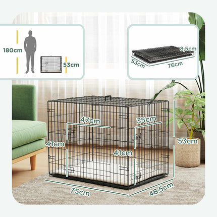Zusammenklappbare Hundebox mit 2 Türen, Tablett, Kissen, Schwarz