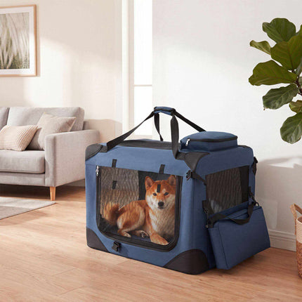 Foldable Dog Crate with 3 Doors and Carrying Handles, 72 x 52.5 x 52.5 cm, Blue