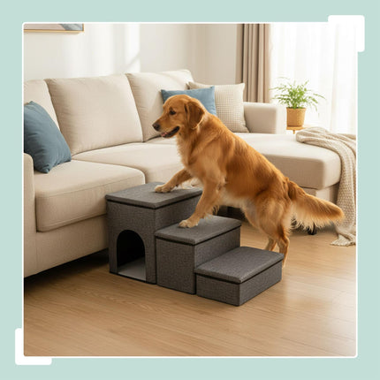 Foldable Dog Stairs, 3 Steps with Storage