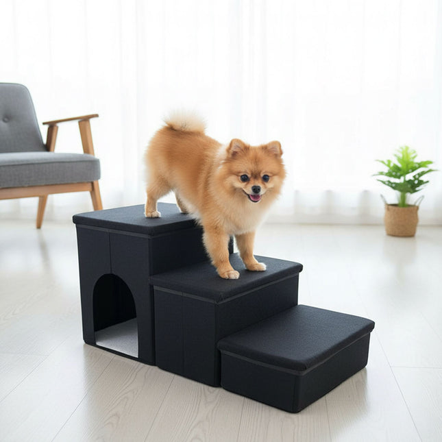 Zusammenklappbare Hundetreppe, 3 Stufen mit Stauraum und rutschfester Unterseite