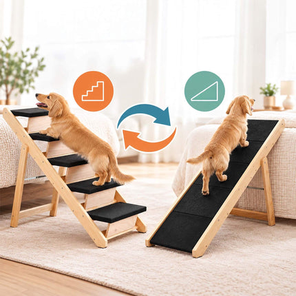 Foldable Dog Stairs and Ramp 2-in-1 with 4 Steps, Up to 50 kg, Pine Wood