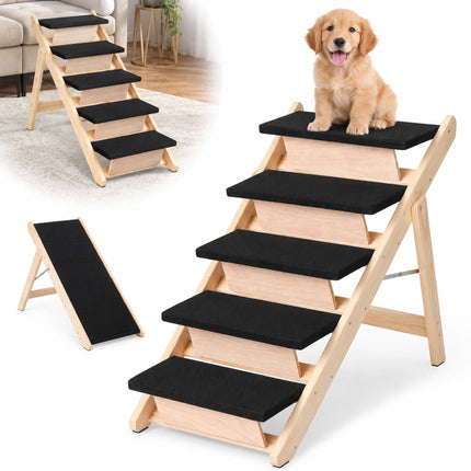 Foldable Dog Stairs and Ramp 2-in-1 with 5 Steps, Up to 50 kg, Pine Wood