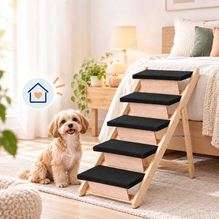 Foldable Dog Stairs and Ramp 2-in-1 with 5 Steps, Up to 50 kg, Pine Wood