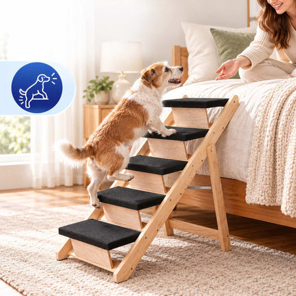 Foldable Dog Stairs and Ramp 2-in-1 with 5 Steps, Up to 50 kg, Pine Wood