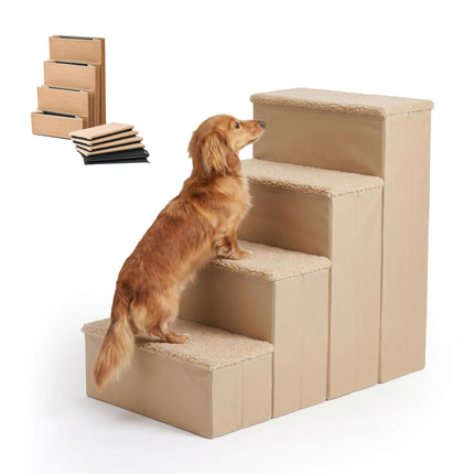 Foldable Dog Steps with Storage, Large, Beige