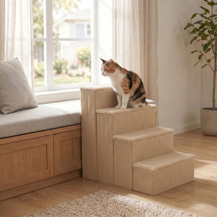 Foldable Dog Steps with Storage, Large, Beige