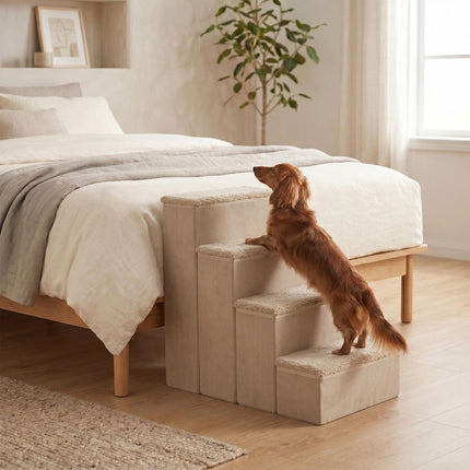 Foldable Dog Steps with Storage, Large, Beige
