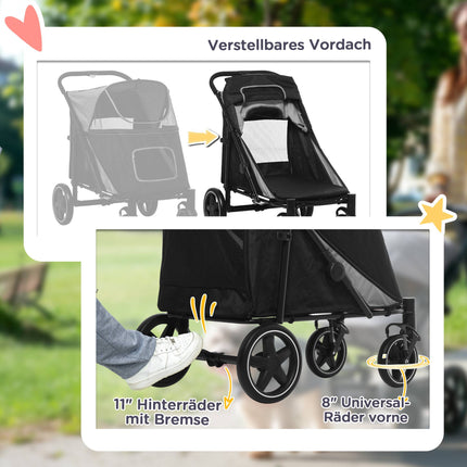Foldable Dog Stroller with Adjustable Canopy, Grey, 30kg Capacity