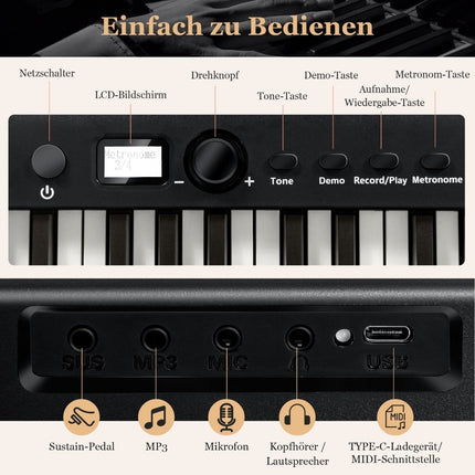 Faltbares E-Keyboard faltbar mit 88 beleuchteten Tasten Digital Keyboard Digitaltastatur Schwarz
