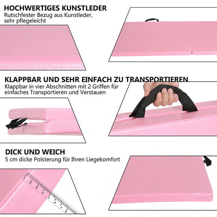 Faltbare Fitnessmatte mit Griffen, 180x60x5 cm, Pink