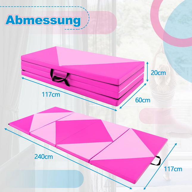 Foldable Gymnastics Mat, 240x117x5 cm, PU Leather, Pink