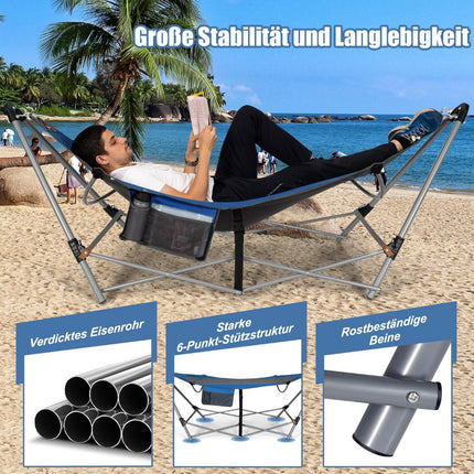 Foldable Hammock with Stand and Side Pocket, 150kg Capacity