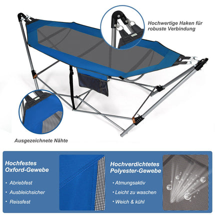 Foldable Hammock with Stand and Side Pocket, 150kg Capacity