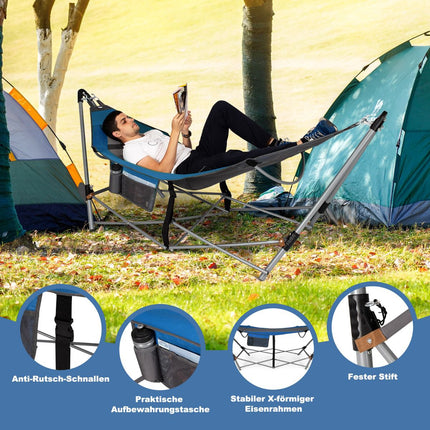 Foldable Hammock with Stand and Side Pocket, 150kg Capacity
