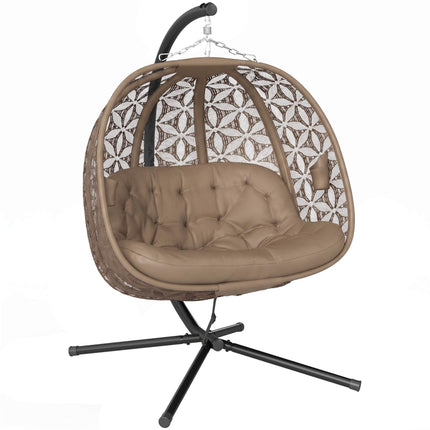 Foldable Hanging Chair with Stand for 2, Cushions & Cup Holders